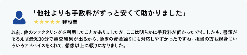 「他社よりも手数料がずっと安くて助かりました」 建設業 以前、他のファクタリングを利用したことがありましたが、ここは明らかに手数料が低かったです。しかも、書類がそろえば最短30分で審査結果が出るから、急ぎの資金繰りにも対応しやすかったですね。担当の方も親身にいろいろアドバイスをくれて、想像以上に頼りになりました。
